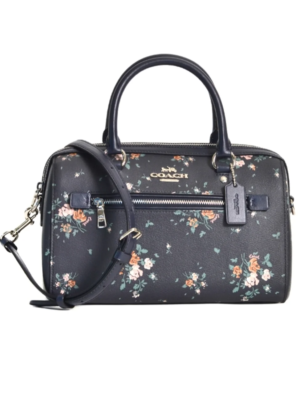 Coach Rowan mightnight navy rose bouquet floral dome satchel bag